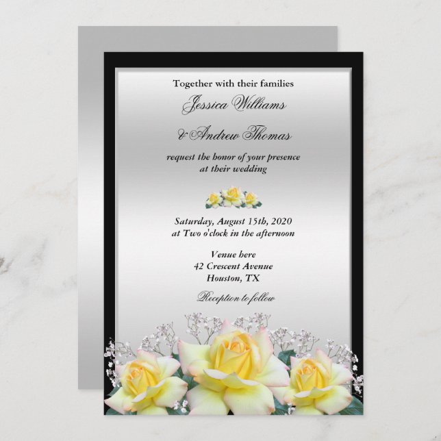 Invitation Chic Elegant Rose Mariage argent (Devant / Derrière)