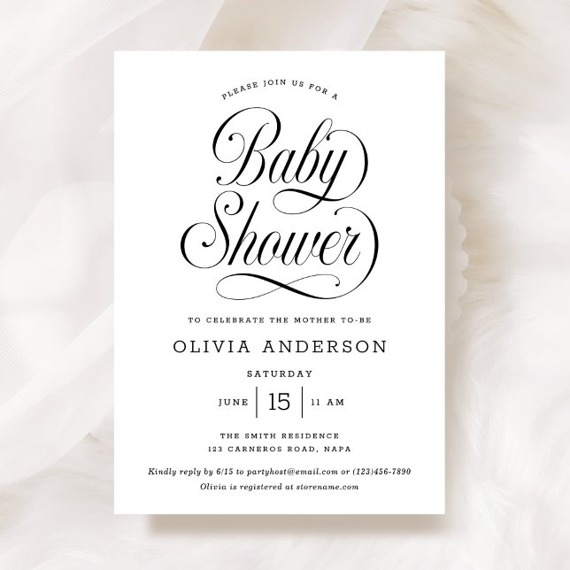 Invitation Chic Elegant Script Black & White Baby Shower (Créateur téléchargé)