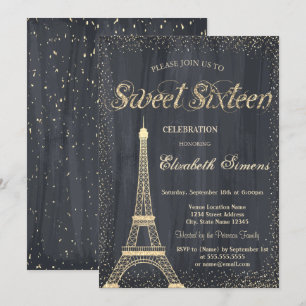 Invitation Chic Élégant Tour Eiffel en or Confettis Sweet 16