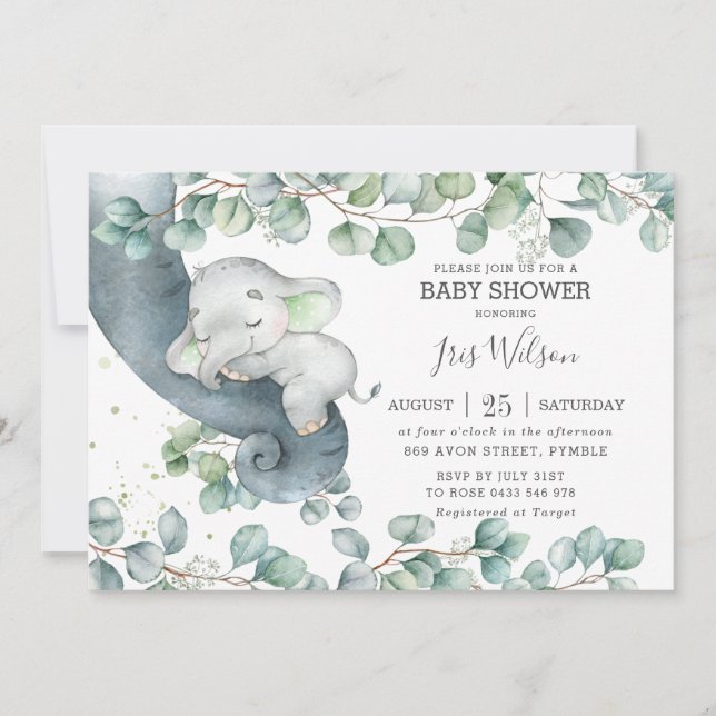 Invitation Chic Elephant Green Baby shower neutre genre  (Devant)