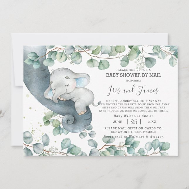Invitation Chic Elephant Green Baby shower virtuel par mail (Devant)