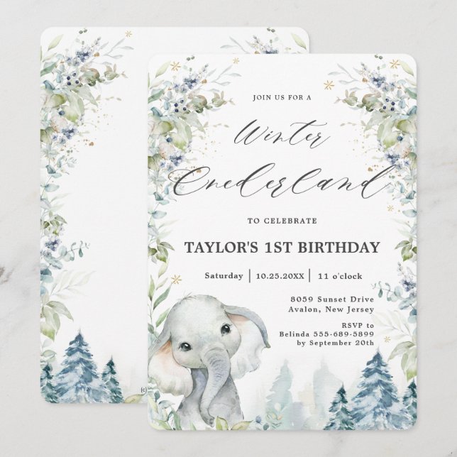 Invitation Chic Elephant Hiver Onederland 1er anniversaire (Devant / Derrière)