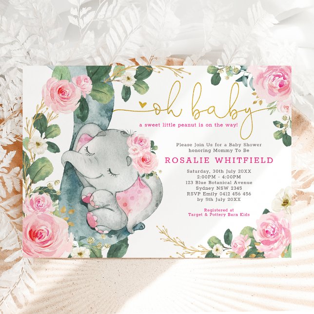 Invitation Chic Eléphant Roses Roses Rose Verdure Baby shower (Créateur téléchargé)