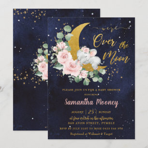 Invitation Chic Elephant We're Over the Moon Girl Baby shower