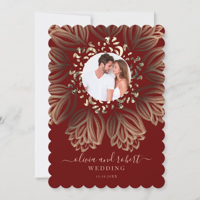 Invitation Chic Elgant Burgundy Gold Floral Photo Mariage (Devant)