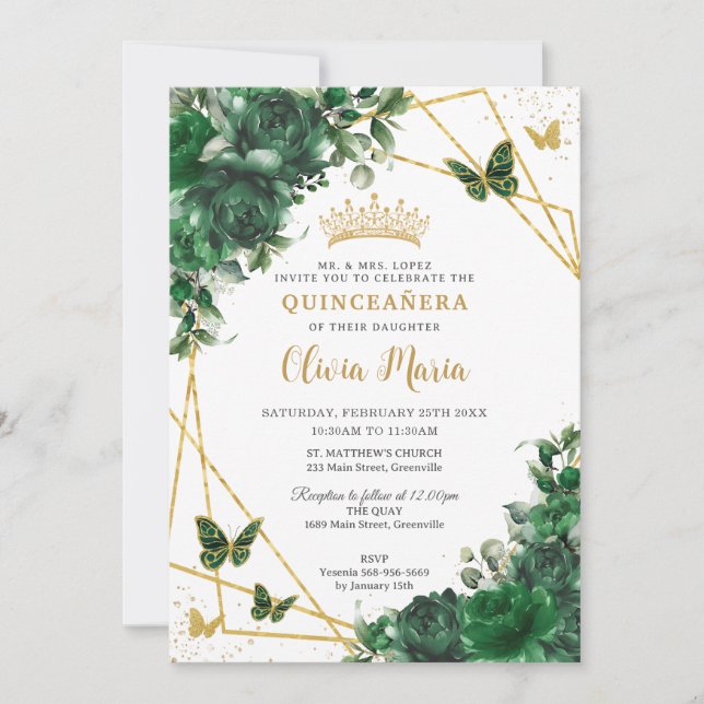 Invitation Chic Emerald Green Butterflies Floral Quinceañera (Devant)
