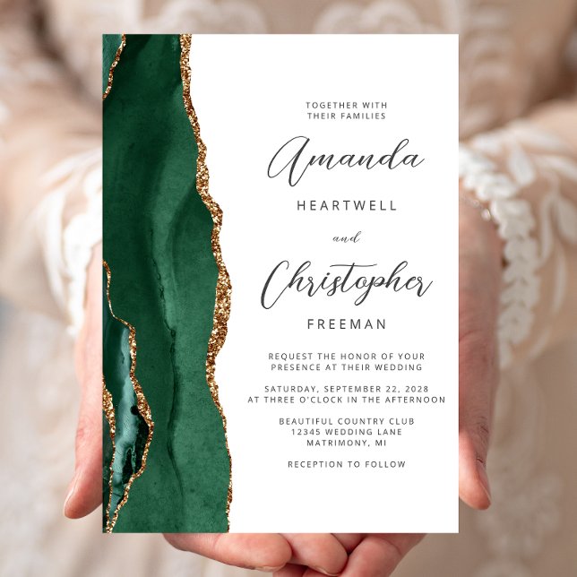 Invitation Chic Emerald Green Gold Agate Script Wedding (Créateur téléchargé)