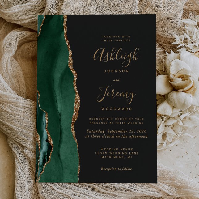 Invitation Chic Emerald Green Or Agate Mariage foncé (Créateur téléchargé)