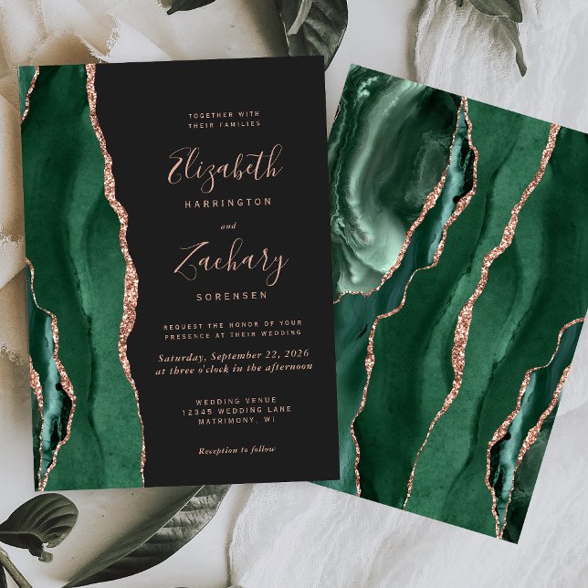 Invitation Chic Emerald Green Rose or Agate Dark Mariage (Créateur téléchargé)