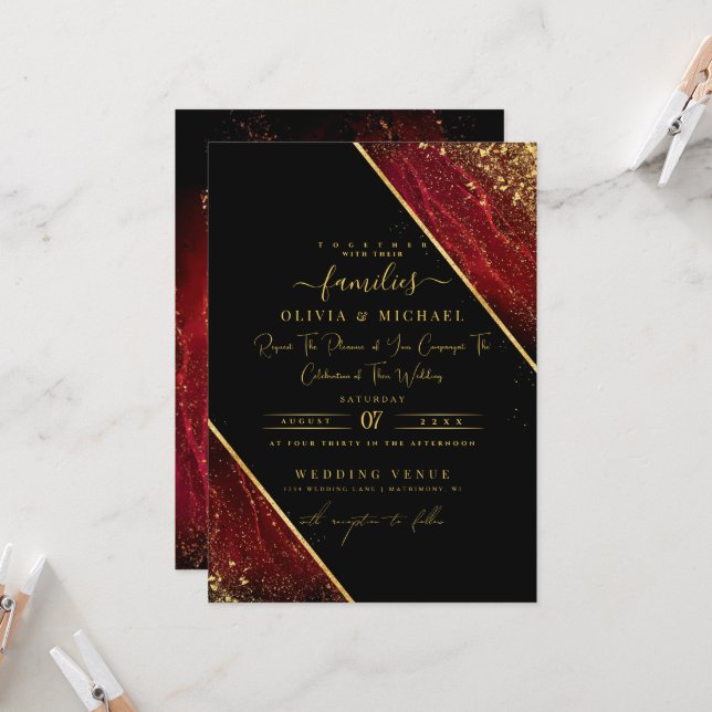 INVITATION CHIC EMERALD RED DARK FOIL ABSTRAIT AGATE MARIAGE (Devant/Arrière en situation)