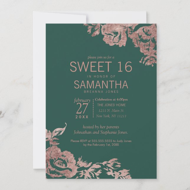 Invitation Chic Emerald Vert Rose or Floral Sweet 16 (Devant)