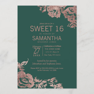 Invitation Chic Emerald Vert Rose or Floral Sweet 16