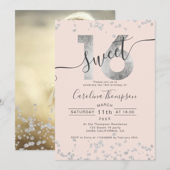 Invitation Chic en feuille d'argent confetti blush Sweet 16 p (Devant / Derrière)