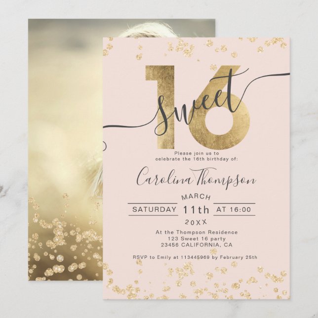 Invitation Chic en feuille d'or confetti blush Sweet 16 photo (Devant / Derrière)
