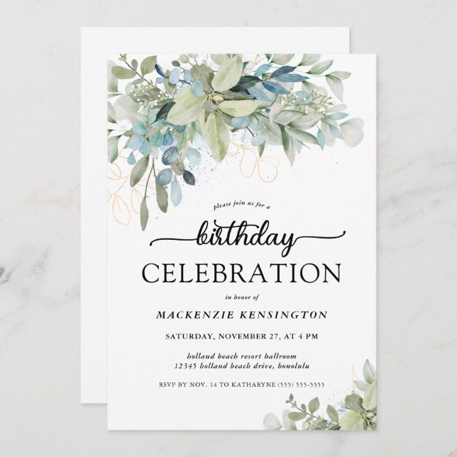 Invitation Chic Eucalyptus Verdure Anniversaire Célébration (Devant / Derrière)