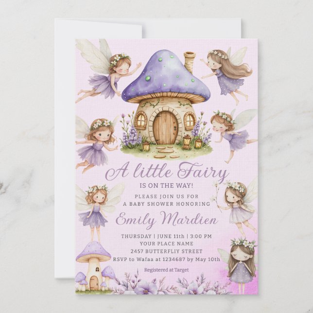 Invitation Chic Fairy Purple mignon Jardin Floral Baby shower (Devant)
