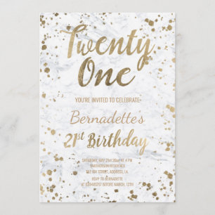 Invitation Chic Faux, confetti d'or, marbre blanc 21e anniver