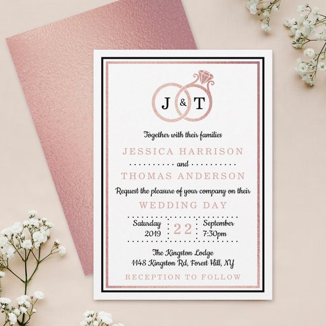 Invitation Chic Faux Rose Gold Foil Monogramme Mariage Cercle (Créateur téléchargé)