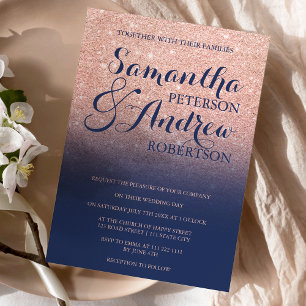 Invitation Chic faux rose or parties scintillant marine bleu 