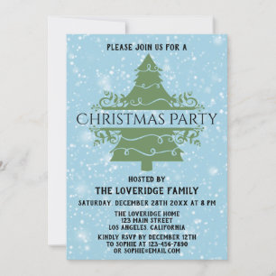 Invitation Chic Fête de Noël Bleue Flocons de Neige Arbre