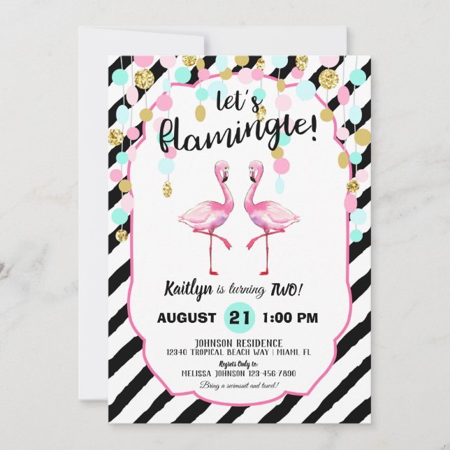 Invitation Chic Flamant rose Stripe et Confetti Anniversaire (Devant)