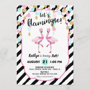 Invitation Chic Flamant rose Stripe et Confetti Anniversaire