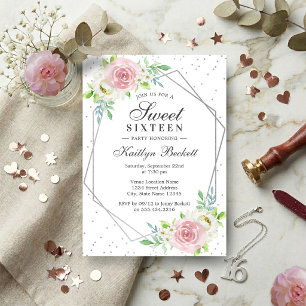 Invitation Chic Fleur Argenté Feuille Fleur 16 Anniversaire
