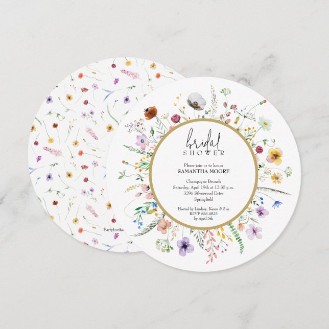 Invitation Chic Fleur sauvage Fête des mariées ronde (Devant / Derrière)
