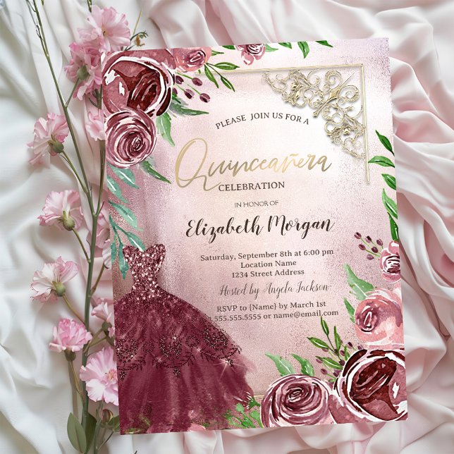 Invitation Chic Fleurs Bourgogne Robe Or Cadre Quinceanera (Créateur téléchargé)
