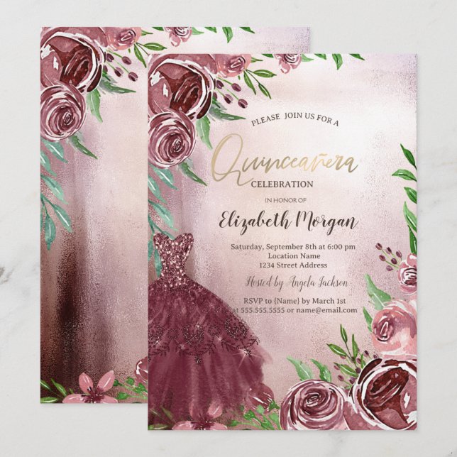Invitation Chic Fleurs Bourgogne Robe Quinceanera (Devant / Derrière)