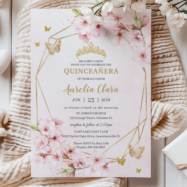 Invitation Chic Fleurs de cerise Floral Quinceañera Sweet 16 (Créateur téléchargé)