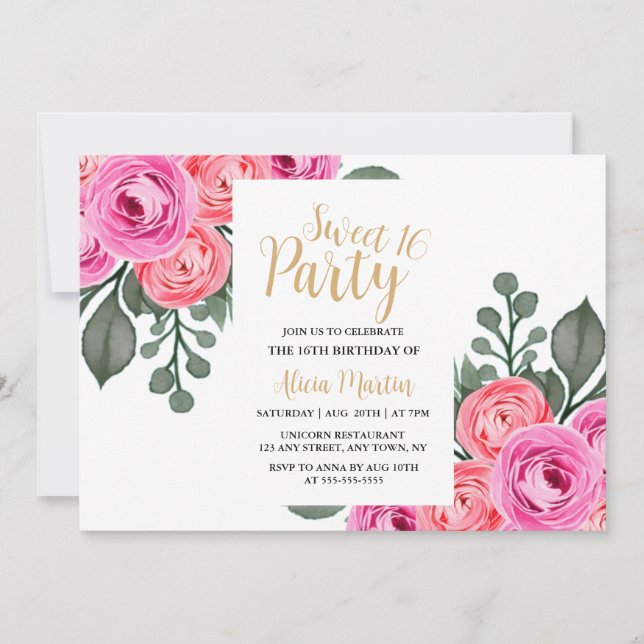 Invitation Chic Flora Dusty Rose Or Sweet 16 Party (Devant)