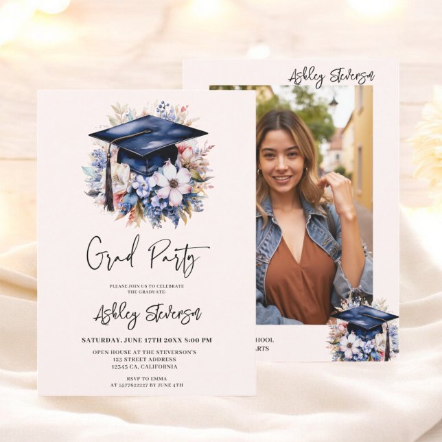 Invitation Chic Floral Aquarelle Bleu Graduation Cap Party (Floral Watercolor Blue Graduation Cap Party Invitation)