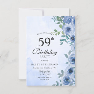 Invitation Chic Floral Aquarelle Bleu Poussiéreux 