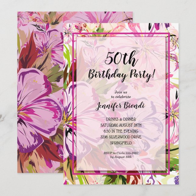 Invitation Chic Floral Aquarelle fête d'anniversaire (Devant / Derrière)
