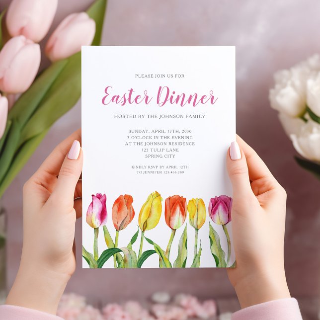 Invitation Chic Floral Aquarelle Tulip Dîner de Pâques (Chic Floral Watercolor Tulip Easter Dinner Invitation)