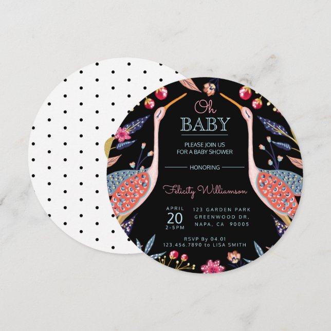 Invitation Chic Floral Botanique Baby shower de cigogne Invit (Devant / Derrière)
