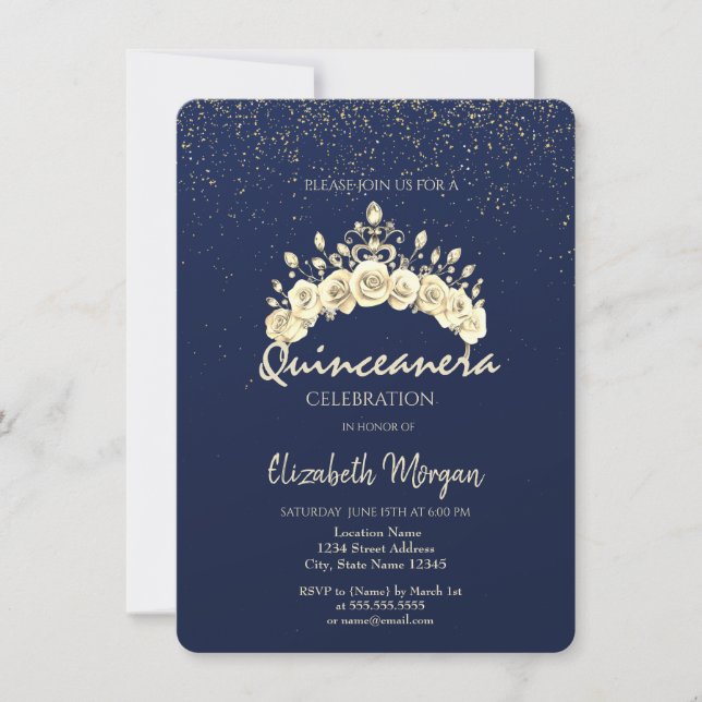 Invitation Chic Floral Crown Navy Blue Gold Quinceañera  (Devant)