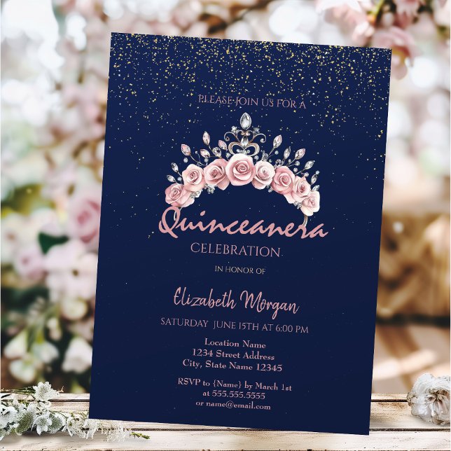 Invitation Chic Floral Crown Navy Blue Quinceañera  (Créateur téléchargé)