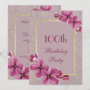 Invitation Chic floral et élégant damas 100e anniversaire