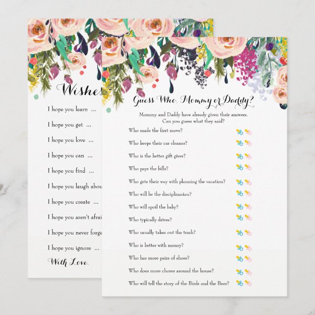 Invitation Chic Floral Garden Baby shower Jeux x2 (Devant / Derrière)