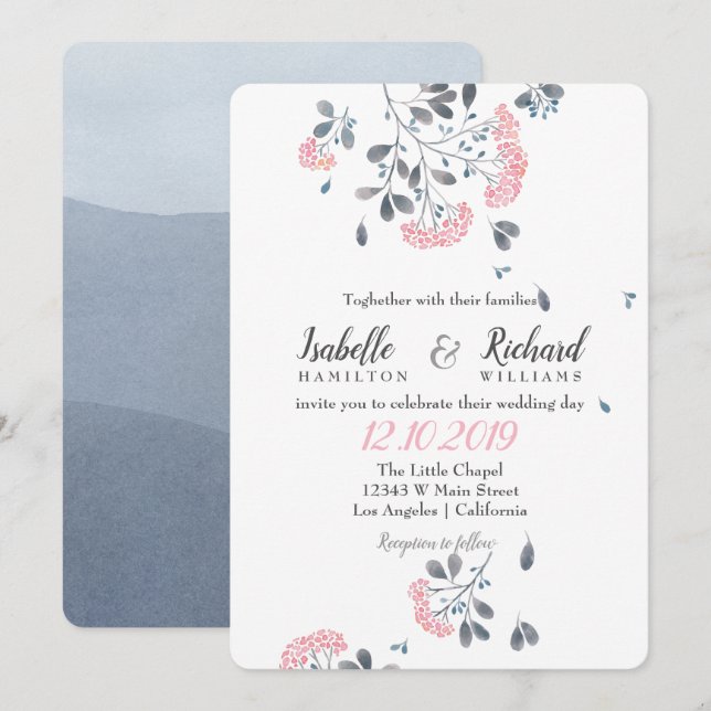 Invitation Chic Floral gris rose mariage d'aquarelle (Devant / Derrière)