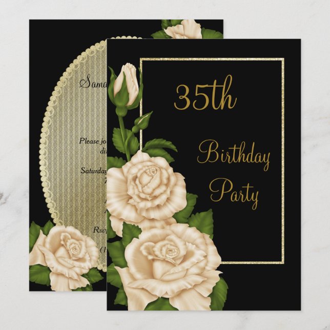 Invitation Chic Floral Ivory Roses 35e anniversaire (Devant / Derrière)