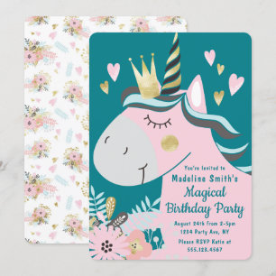 Invitation Chic Floral Magical Unicorn Fille fête d'anniversa