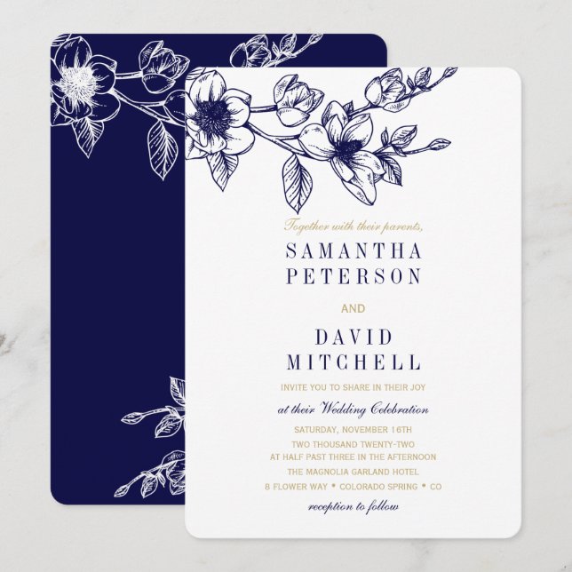 Invitation Chic Floral Magnolia Branche Marine Blue Gold Mari (Devant / Derrière)