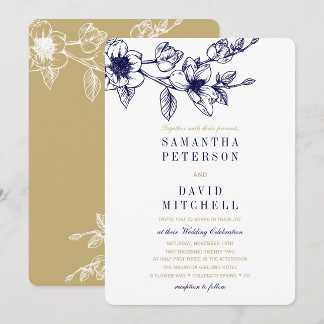 Invitation Chic Floral Magnolia Branche Marine Blue Gold Mari (Devant / Derrière)