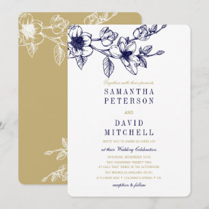 Invitation Chic Floral Magnolia Branche Marine Blue Gold Mari