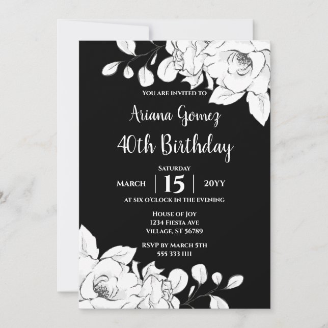 Invitation Chic Floral Noir Et Blanc Moderne 40e Anniversaire (Devant)