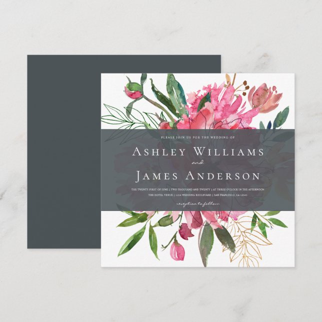 Invitation Chic Floral Peony rose (Devant / Derrière)