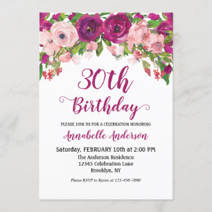 Invitation Chic Floral Purple Rose Aquarelle Script d'anniver